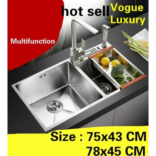 Free shipping Handmade high quality kitchen manual sink double groove common vogue 304 stainless steel hot sell 75x43/78x45 CM