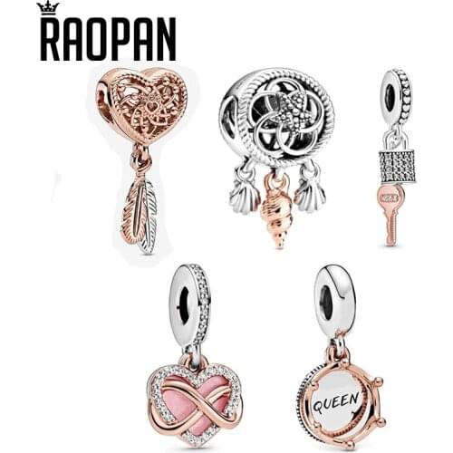 RAOPAN rose gold hollow heart and double piece falling feather dream catcher charm silver 925 bracelet DIY female jewelry