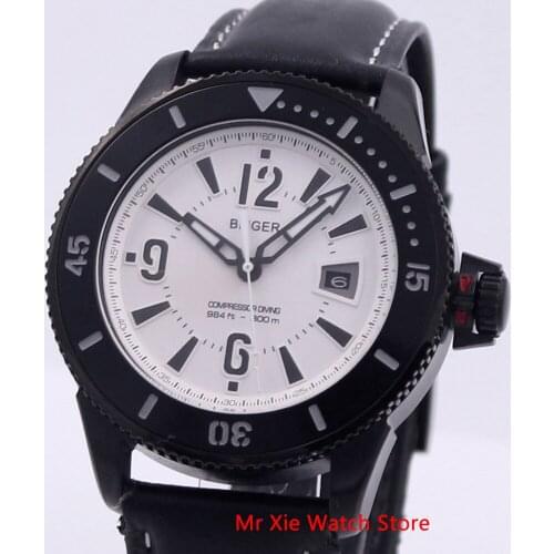 Bliger 43mm Automatic Mechanical Watch Men Luxury Brand Luminous Waterproof PVD Case Leather Strap Calendar Wristwatches Men