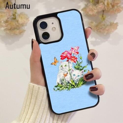 Phone Case for iPhone 12 mini X XS XR 11 Pro Max SE 2020 5 6S 7 8 Plus Samsung Galaxy S8 S9 S10 S20 S21 Blue Meow Meow Cover