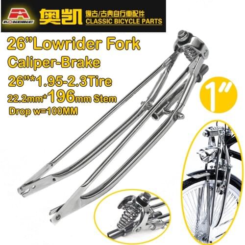 DIY Biker Lowrider Fork Caliper Brake1.95-2.3 Tire Long Stem Custom Made Classic Springer Fork Bike Refit Chrome Sliver Fork