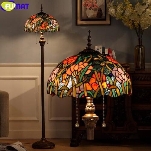 FUMAT Tiffany Style Floor Lamp Red Pink Orchid Green Grass Leaf Garden Remote Control Stained Glass Standard Lights 16 Inch