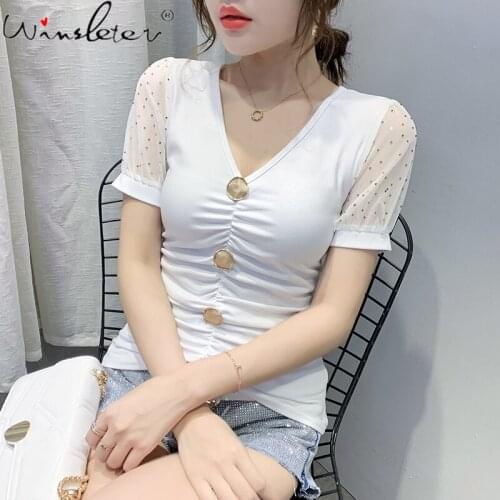Summer Korean Style Cotton T-Shirt Fashion Sexy V-Neck Drape Women Tops Short Sleeve Patchwork Mesh Diamonds Tees 2021 T14609A