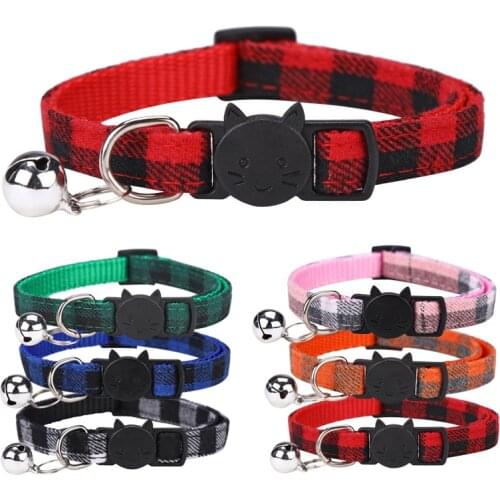 Exquisite England Style Soft Adjustable Lattice Cat Collar Little Dog Neck Webbing with a Bell Pink/Black/Orange/Green/Red/Blue