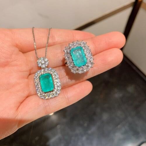 QTT Womens Ring Necklace Sets 925 Sterling Silver Jewelry Paraiba Tourmaline Gemstone Fashion Wedding Set For Girl Bride 2021