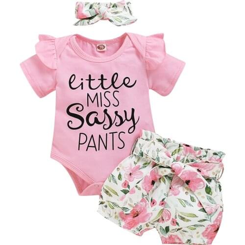 0-18M Babies Girls Clothes Set Ruffles Letters Printted Tops Floral Shorts With Belt Bow Headband 3Pcs Summer Girls Clothing