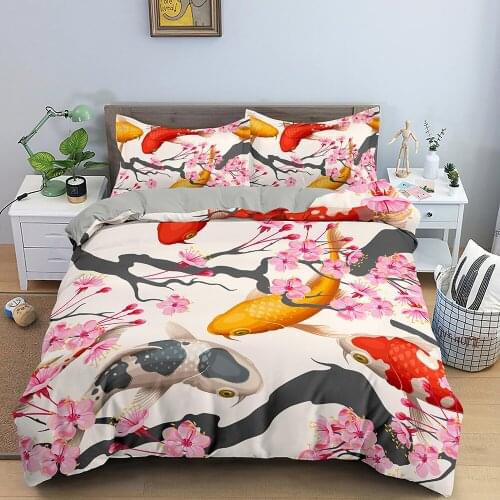 3D Koi Carps Printed 2/3Pcs Bedding Set Red Golden Lucky Fish Pattern Duvet Cover Pillowcase Home Textile Quilt Cover Queen King