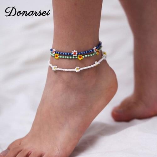 Donarsei Cute Little Daisy Handmade Beaded Anklet For Women Bohemia Adjustable Colorful Anklet Bracelet On The Leg Foot Jewelry