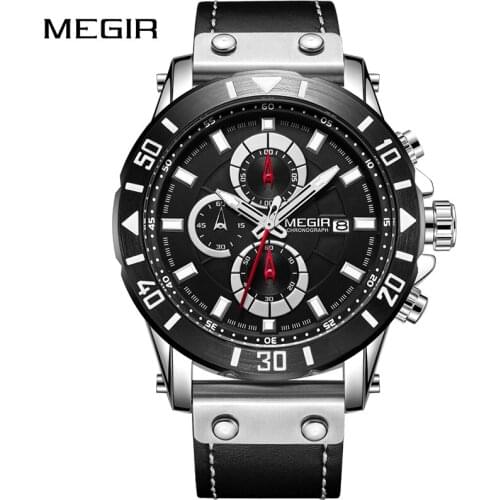 MEGIR Outdoor Big Dial Mens Sports Watches Top Brand Luxury Leather Quartz Wristwatches Men Waterproof Clock Relogio Masculino