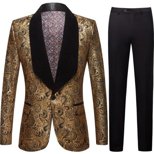 Mens gold plated black collar suit Set Wedding Gold Floral Pattern Slim Fit Party Prom Dress Tuxedo Singers Costume Suit