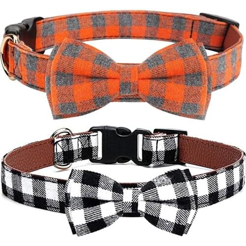 PU Leather Dog Collar Breakaway with Detachable Bowtie Classic Plaid Durable Adjustable Safety Collars for Medium and Large Dogs