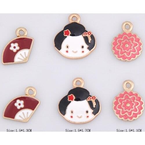 10pcs DIY Alloy metal enamel flower charms dangle, fashion hand fan Japanese girl pendants for bracelet earrings jewelry making