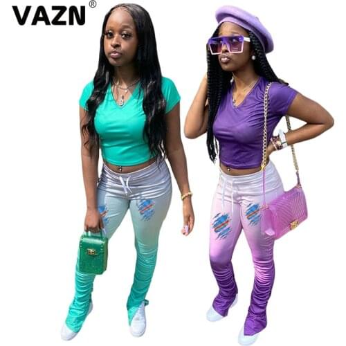 VAZN Young popular 2020 sexy lady casual 2 colors 2-piece long set short sleeve V-neck tees long pants set gradient colors sets