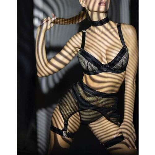 Sexy womens bra Underwear set 3PC Womens new sexy metal stitching bib mesh hollow underwear set бюстгальтер женский Bra