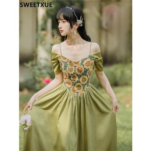 SWEETXUE Summer French Chic Retro Sunflower Embroidery Dress Fairy Fashion Temperament Elegant Party Dress Womens Vestidos Robe