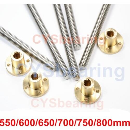 T10 Trapezoidal Lead Screw OD 10mm Pitch 2mm Lead 8mm 550mm 600mm 650mm 700mm 750mm 800mm with Brass Nut for 3D Printer Z Axis