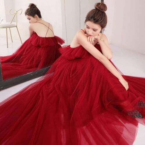 Popodion Evening Dress Party Sexy Strap Red Evening Dresses Long Backless Evening Gown N1043
