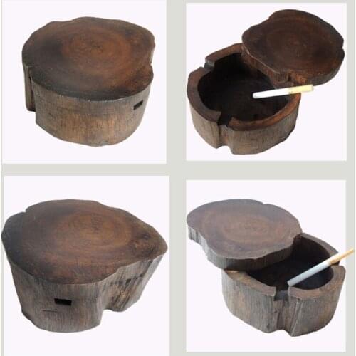 Vintage Natural Wood Carving Ashtray with Lid Detachable Simple Design Decorate D0LD