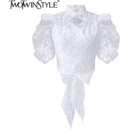 TWOTWINSTYLE Elegant Patchwork Lace Shirt For Women Stand Collar Puff Sleeve Chinese Style Blouse Female Fashion New Clothing