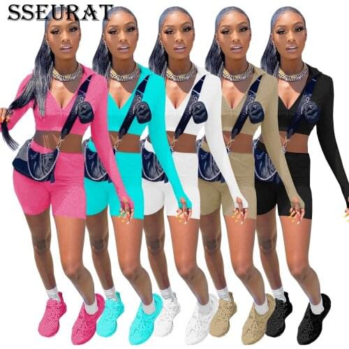 SSEURAT Women Set Solid Full Sleeve Zip Stand Collar Crop Tops Strechy Shorts Two Piece Sets Active Tracksuit Summer Outfits