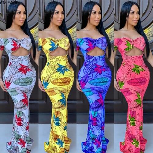 CM.YAYA Women Summer Floral Print Off Shoulder V-neck Cut Out Waist Bodycon Midi Mermaid Maxi Dress Sexy Party Club Long Dresses