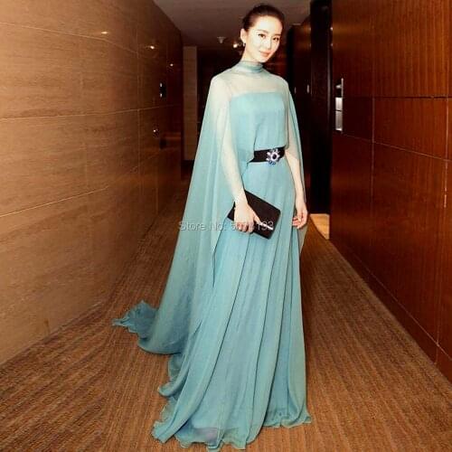 10291 blue elegant high-neck natural A-line floor-length chiffon Celebrity dresses/Formal gowns Film Festival with black belt