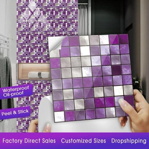 10pcs Purple Flat Mosaic Tiles Wall Sticker Printed in 2D Kitchen Bathroom Wallpaper Waterproof Peel & Stick PVC Art Wall Decals