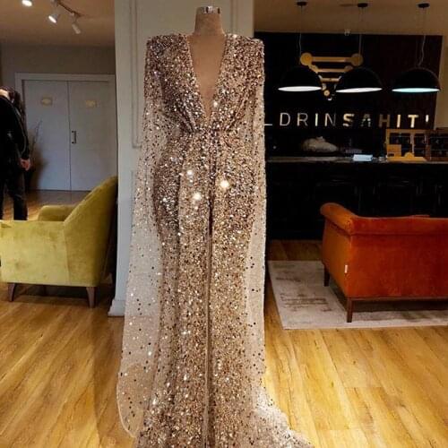 2021 Gold Sequins Prom Dresses Sparkly V Neck Mermaid Evening Gowns Formal Pageant Party Dress vestidos de novia