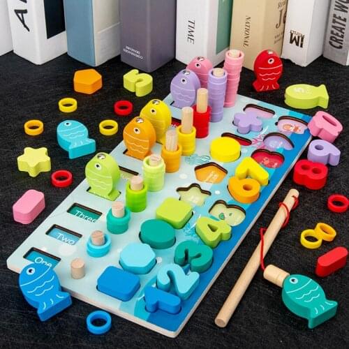 5 In 1 Magnetic Fishing Board Wooden Montessori Toys Arithmetic Digital Shape Matching Educational Math Toys For Children