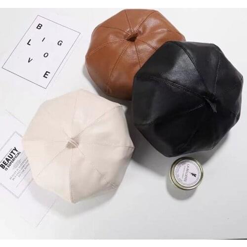 Adult Leather Beret Hat Pure Color Flat Roof Lmitation Leather Wild Beret Peaked Cap Hat Newsboy Pu Retro Casual Beret