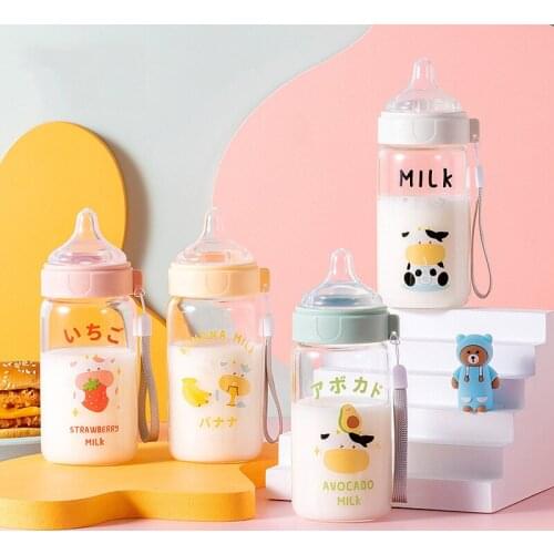 New Cute Cartoon Milk Fruit Water Bottle High Borosilicate Glass Kids Adult Nipple Cup Portable Leakproof Baby Feeding Bottles