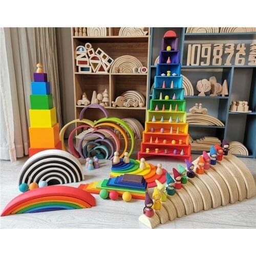 Big Wooden Rainbow Building Blocks Wooden Balls Plate Figures Rainbow Stacking Blocks Montessori Soft Warm Color Blocks Toy