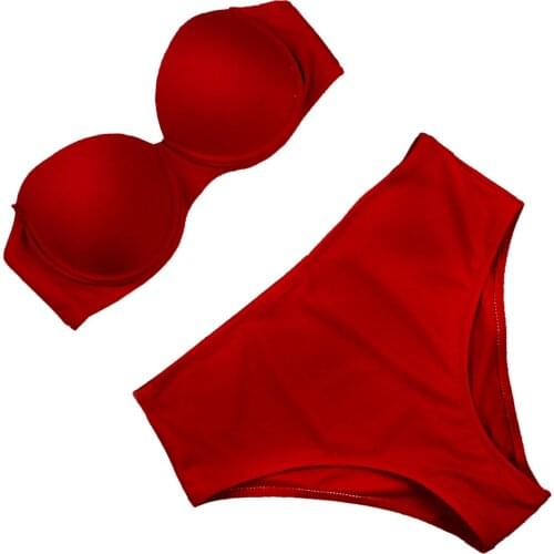 Womens Solid Color Bikini Set Sexy Strapless Bra with High Waist Briefs 2Pcs Swumsuit for Vacation Beach Wear