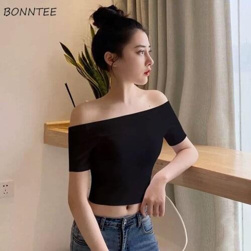 T-shirts Womens Summer Slash Neck Crop Tops Solid Black White Sexy Ladies Slim Skinny Chic Feminine All-match Casual Female New