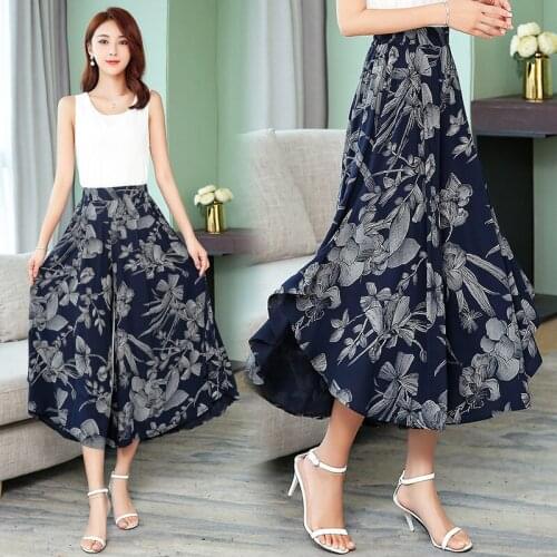 Middle-aged Womens Summer Wide-leg Pants Casual Fashion Large Size Skirt Pants Elastic High Waist Cotton Printed Pants 4XL R395