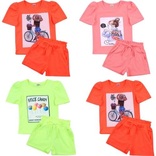Summer New Fashion Girls Clothes 2pcs Girl Short Sleeve Pattern printed Top Shorts Children Clothing Set Kids Girls Clothes Suit
