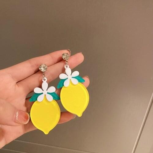 Trendy Lovely Yellow Lemon White Flower Acrylic Drop Earrings Cute Summer Style Fruit Dangle Earrings