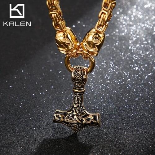 44*33mm Men Skull Head With Thor Hammer Pendant Necklace Viking King Chain