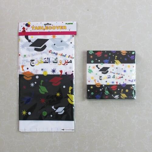 Disposable Plastic Table Cloth Doctorial Hat Table Cover Tablecloth And Match Napkin For School Graduation Party Decoration