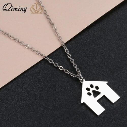 QIMING Stainless Steel Necklace Baby Kids Cute Pet Dog Footprints Paw House Necklace For Women Animal Lover Gift