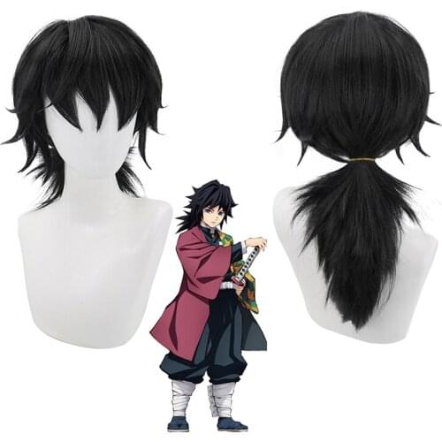 55 cm Demon Slayer Kimetsu Tomioka Giyuu Black Ponytail Cosplay Wig Men Women Heat Resistant Synthetic Hair Wig C34K193