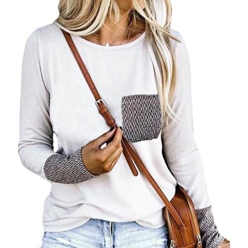 Patchwork Casual Fashion Woman Shirt Long Sleeve Autumn 2020 Pocket Loose Tee Shirt 5XL Newest Loose Solid Tshirts Women Tops