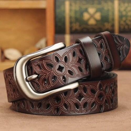Flower Leather Belts for Women Second Layer Cowskin Woman Belt Vintage Pin Buckle Strap Jeans