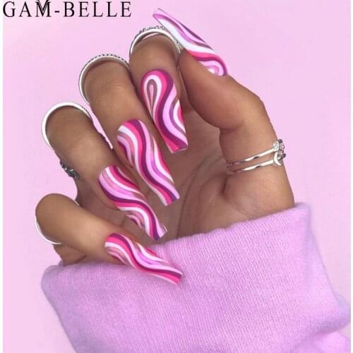 GAM-BELLE Super Long Fake Nails Coffin Pink Series French Ballerina Acrylic Nail Tips Press On Nails Full Manicure Beauty Tools