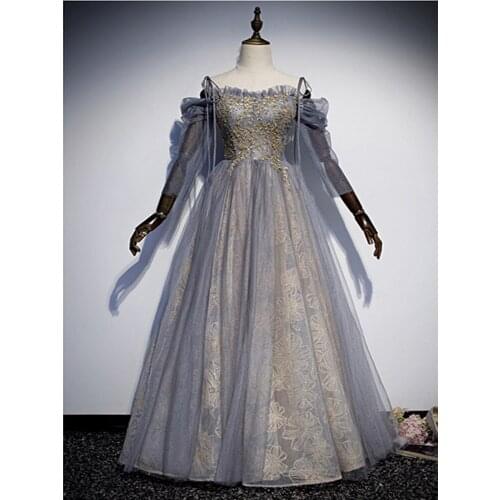 ERINBESS Robe De Soiree A-line Gray Tulle With Appliques Evening Dresses Party Dress Vestido De Festa Long Evening Dress 2020