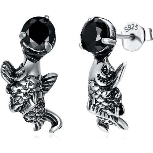 ZEMIOR 925 Sterling Silver Cute Carp Vintage Earrings For Women Black Cubic Zirconia Ear Studs Personality Party Jewelry