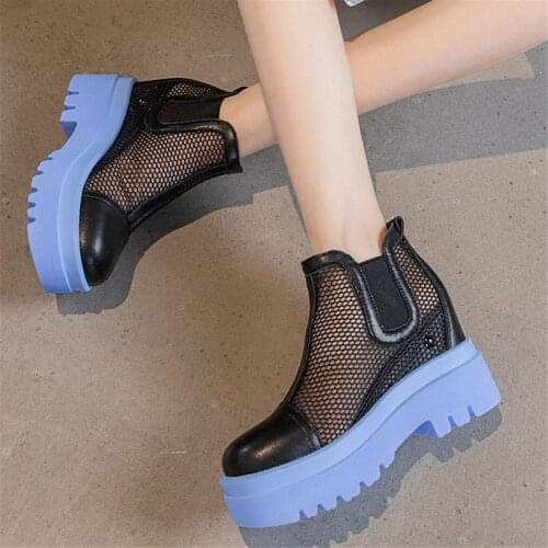 Military Punk Sandals Womens Summer Cow Leather Ankle Boots Platform Wedge High Heels Round Toe Oxfords Creeper Shoes Pull On
