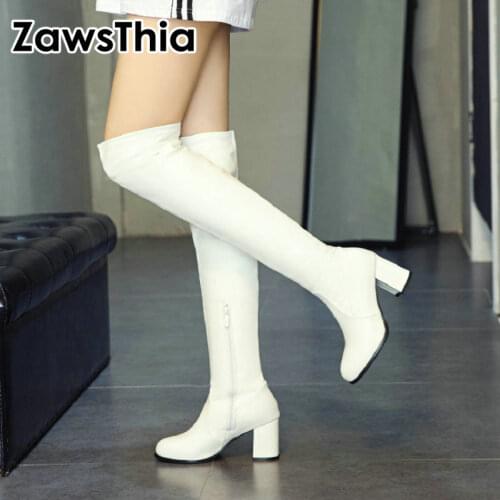 ZawsThia white black comfy soft PU stretch boots overknee block high heels woman over-the-knee high long boots winter shoes 2020