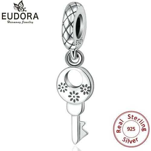 EUDORA 100% 925 Sterling Silver Flower Print Happiness Key Pendant Charm fit Women Bracelets & Necklaces DIY Jewelry Gift Z108