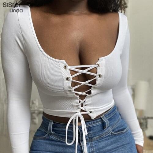 Sisterlinda French Romance Sexy Low-cut Y2K Top For Women T Shirts Casual Solid Color Lace-up Basic Tops Bodycon T-Shirt 2020New